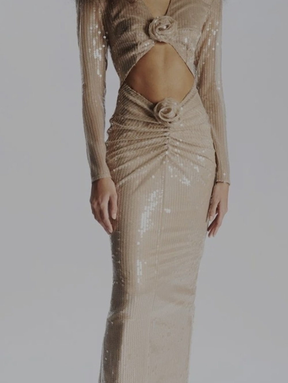 ILKYAZ OZEL Long Sleeve Sequin Cutout Maxi Dress in Champagne
